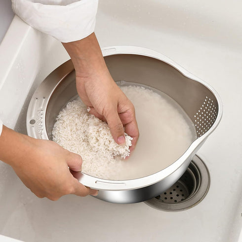 Rice Washer Strainer Bowl: 4-in-1 Washing Bowl for Quinoa, Stainless Steel Rinser for Cleaning Fruits and Vegetables