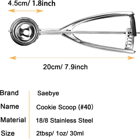 Medium Cookie Scoop, 2 Tbsp / 30ml / 1 oz, Size #40 Cookie Dough Scoop for Baking, Stainless Steel