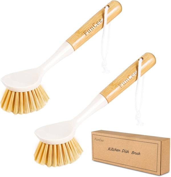 2 Pack Kitchen Dish Brushes, Bamboo Handle Dish Scrubber with Built-in Scraper for Kitchen Sink Cleaning Tools