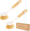 2 Pack Kitchen Dish Brushes, Bamboo Handle Dish Scrubber with Built-in Scraper for Kitchen Sink Cleaning Tools