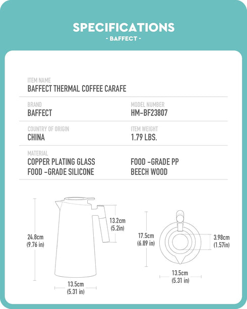 Baffect Thermal Coffee Carafe - Upgraded 34oz Plastic Double Wall Vacuum Insulated Flask for Hot or Cold Drinks