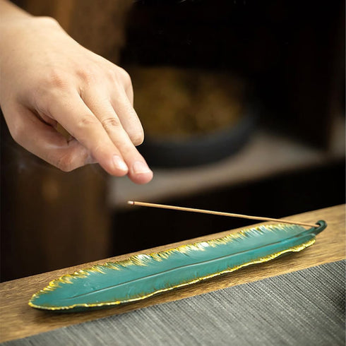 Incense Stick Holder Burner Ceramic Green Feather, Incense Burner Ash Catcher 9 Inch Handmade Incense Tray Meditation, Yoga, Home/Office Decor, Spa Relaxation (Green) by Generic