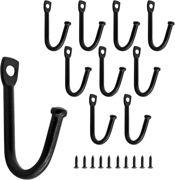 Metal J Shaped Iron Hooks, 1.4 Inch Wall Mounted Single Hooks for Coats, Bags, and Keys (10Pcs, Black)