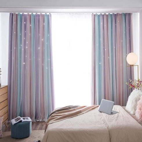 UNISTAR 2 Curtain,W52 L84 Inches Panels Blackout Stars Curtains for Kids Girls Bedroom Aesthetic Living Room Decor