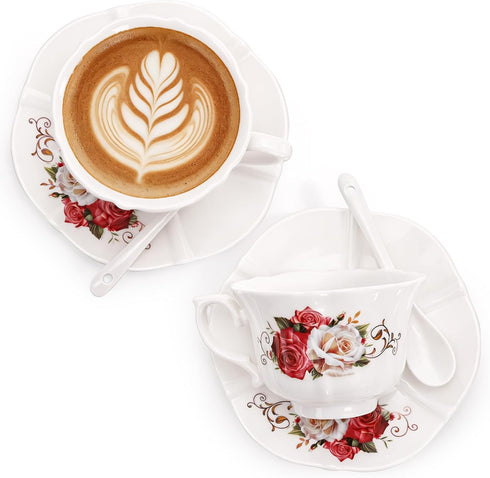Set 6, 6 oz Set, Foraineam Tea Cup and Saucer of Porcelain Ivory Rose Tea Cups with Saucers and Spoons, Floral Coffee