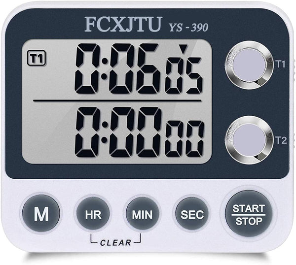 FCXJTU Digital Dual Kitchen Timer: Large Display, Adjustable Volume Alarm, Stopwatch, Magnetic Back (White)