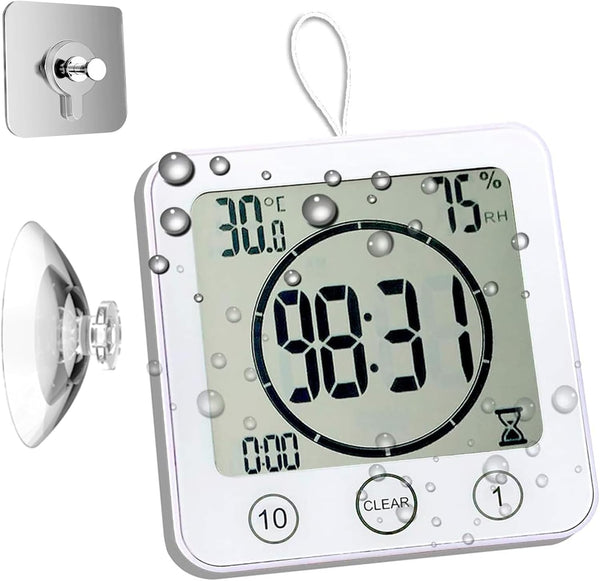 Waterproof Hanging Wall Clock, Large Digital Bathroom Alarm Clock for Kids, Kitchen Cooking Countdown Timer (White)
