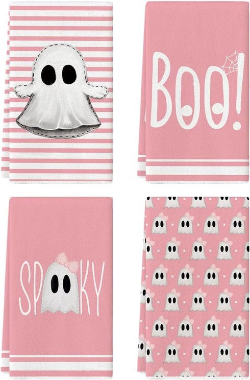 Artoid Mode Pink Stripes Ghost Boo Spooky Halloween Kitchen Towels, 18x26 Inch Dish Towels Set of 4 with Bow Knot