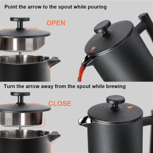 Secura French Press Coffee Maker, 34oz Insulated Coffee Press with 2 Extra Screens, 304 Grade Stainless Steel, Black