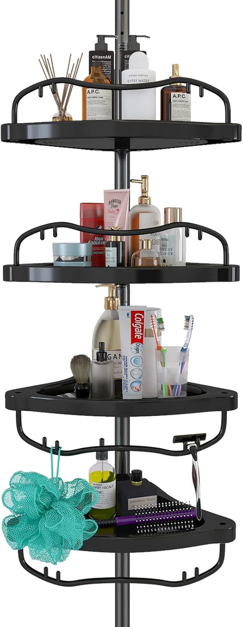 Shower Caddy Tension Pole with 4 ABS Baskets, Adjustable 56 to 125 Inch Stainless Pole for Bathroom, Black