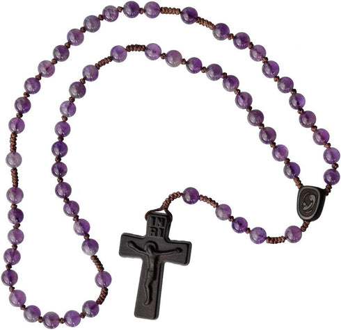 5 Decade Catholic Rosary Sine Cera Amethyst/Jujube Wood, Laser Engraved Crucifix/Double-Sided Centerpiece