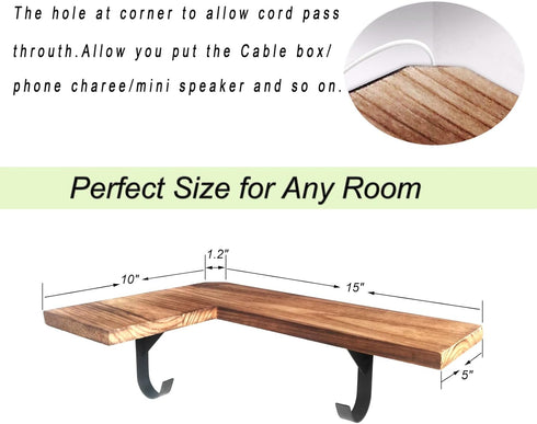 16 Inch Set 2 HAO Floating Corner Wall Shelves Rustic Wood Mounted Shelving L Shape Shelf with Cable Wire Hole Pattern