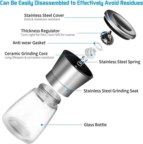 Herda 304 Brushed Stainless Steel Salt and Pepper Grinder - Adjustable Ceramic Shaker, Tall Glass Mill (2Pcs)