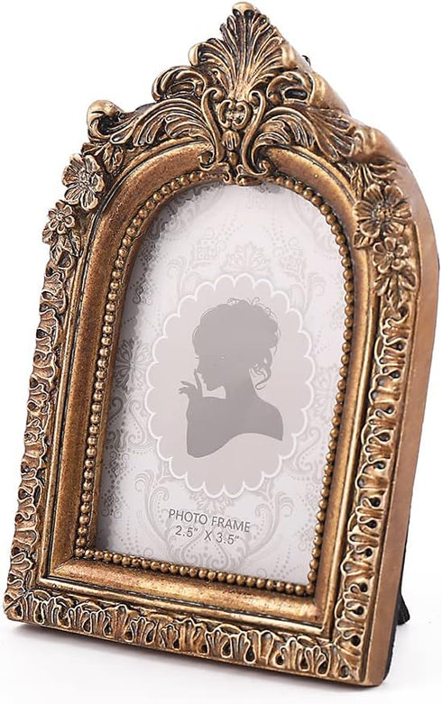 SIKOO Vintage Mini Picture Frame 2.5 × 3.5, Antique Small Ornate Table Top Wall Mounting Photo Frame - Bronze Gold