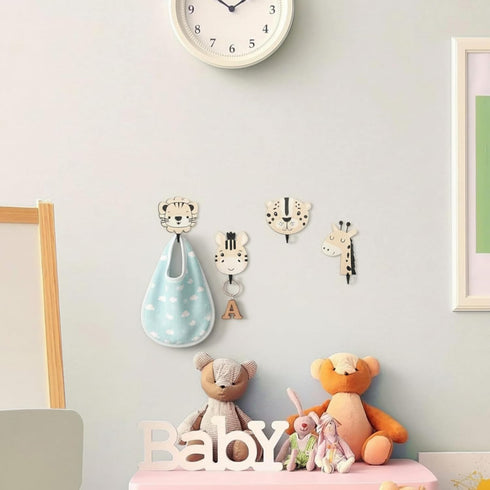 4 Qunclay Pcs Safari Animal Wall Hooks for Kids, Wooden Jungle Baby Safari Nursery Decor Hooks, Cute Lion Zebra Giraffe