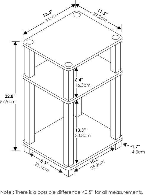 Set 2, 3-Tier Furinno JUST Side Table of Open Shelf End Table, Toolless Assembly Night Stand, Bedside Table with Square