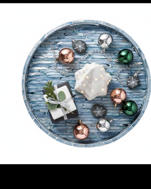 12.6 PEMAR Mother of Pearls Lacquer Inlaid Round Serving Tray with Handles, Round Decorative Nacred Wooden Ottoman