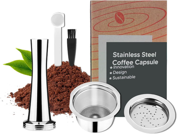 Stainless Steel Reusable Espresso Capsules for K Fee Pods, Includes 30mm Tamper, Spoon, and Brush