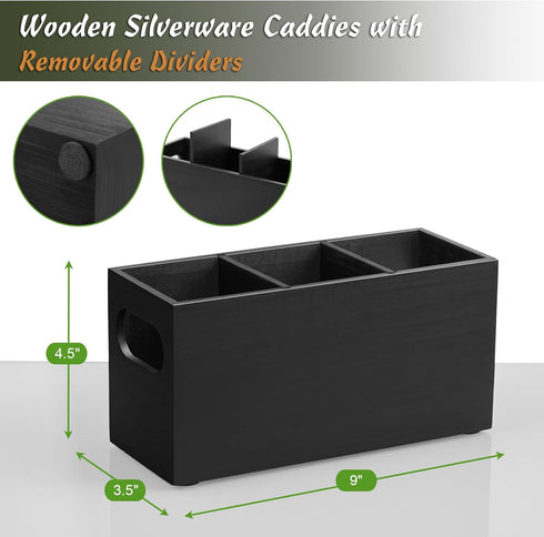 Wooden Utensil Caddy, Silverware Holder for Party, Black Cutlery Organizer for Forks, Spoons, Knives