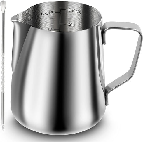 Milk Frothing Pitcher, 12oz Espresso Steaming Pitcher, Stainless Steel Milk Jug Cup with Decorating Pen