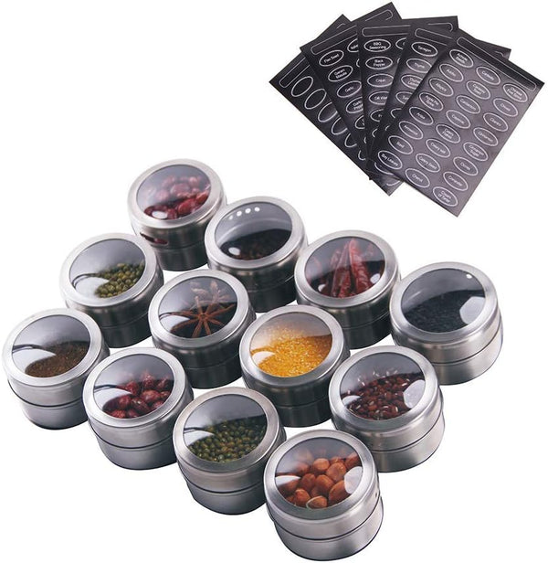 Sanvcomy 12 Powerful Magnetic Spice Tins- Stainless Steel Spice Storage Containers, Kitchen Spice