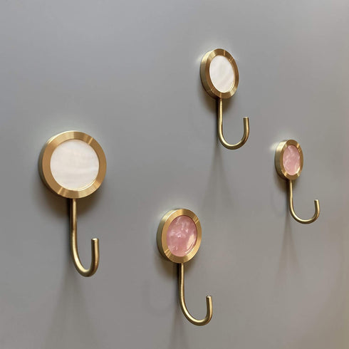 Solid Brass Decorative Wall Hook, Self-Adhesive Hole Free Wall Mount, Shining Gold Fancy Hook (Blossom Pink, Pack of 2)