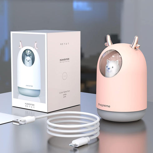 Cute Pet Humidifier with 300ml Water Tank, 10 Hours, 7 Color LED Lights, Auto Shut-off (Pink)
