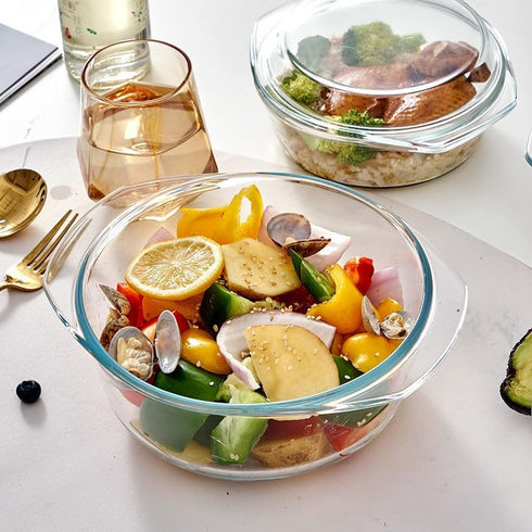 Mini Clear Glass Casserole Dish with Lid, Small 1-QT Round Tempered Glass Bowl