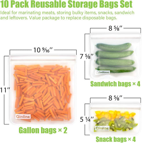 Reusable Food Storage Bags - 10 Pack Silicone Freezer Bags, Extra Thick Leakproof Lunch Bag for Salad Fruit Snacks