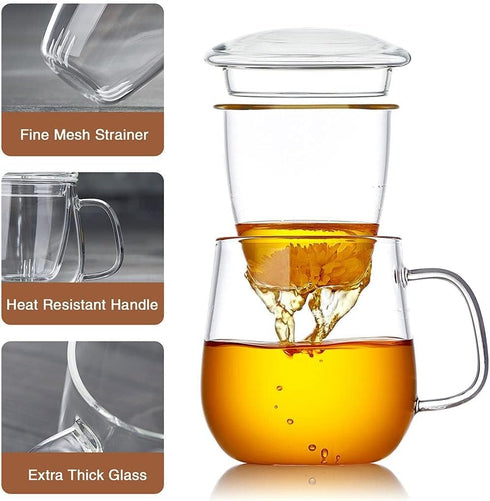 4 Pack 17.6oz/520ml DOPUDO Glass Teacups Glass Tea Cup with Infuser and Lid, Large Borosilicate Teacup,Tea Clear Mug