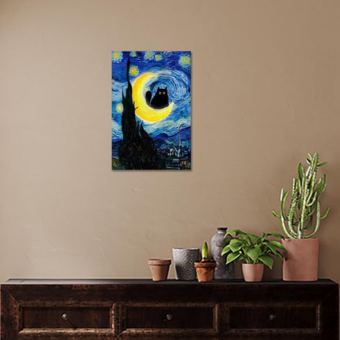 TYOHU Black Cat Canvas Wall Art, Starry Night Oil Painting, 12x16in Framed Colorful Abstract Floral Prints for Gallery