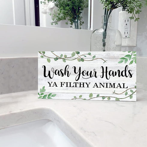 LHIUEM Wash Your Hands Ya Filthy Animal Sign, Funny Bathroom Wooden Hanging Wall Art, Green Plant Wood Plaques for Home