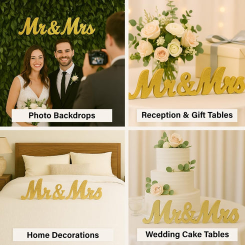 Mandala Crafts Gold Wooden Mr & Mrs Signs for Wedding Decorations, Reception & Sweetheart Table Decor