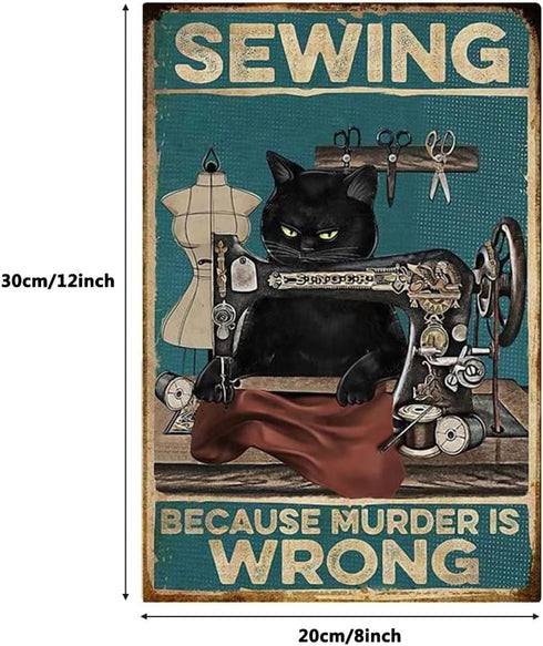 Yepzoer Cat Kitty Sewing Retro Style Bar Sign Wall Art Decor, Sewing Because Murder is Wrong, 12x8 inch Metal Sign