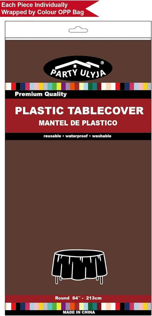 2 Pack 84 Inch 6 Brown Plastic Tablecloths Disposable Table Covers Circle Bridal Shower Party Tablecovers PEVA Coffee