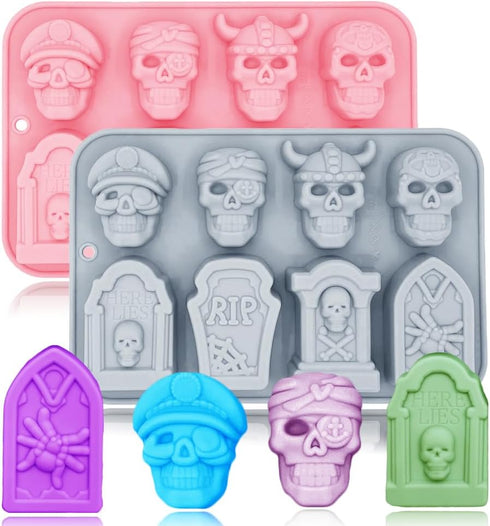 Halloween Chocolate Mold Silicone, 2pcs Skull and Tombstone Cavity Candy Gummy Mold for Baking Desserts