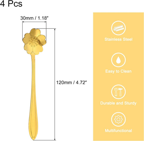 uxcell 4Pcs Stainless Steel Flower Spoons 5 Inch Cherry Blossom Shape Coffee Spoon Small Teaspoon Dessert Spoon for Espresso Sugar Cake, Gold