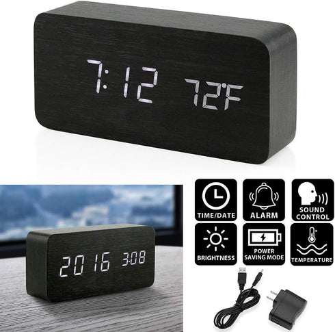 OCT17 Wooden Digital Alarm Clock - Multi-Function Smart Alarm Clock with USB Power Supply, Black
