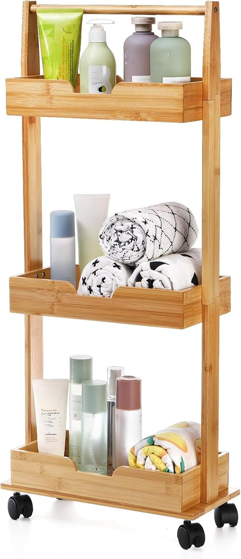 Lyellfe 3 Tire Shower Caddy Stand, Bamboo Shower Floor Organizer Corner with