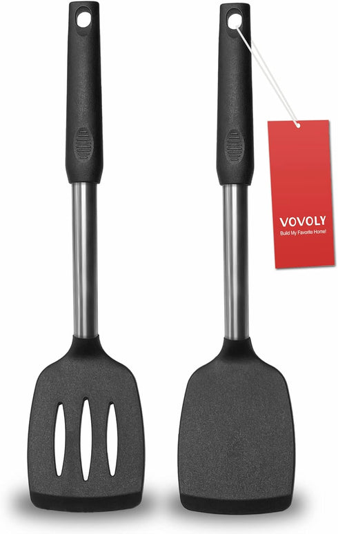 2-Pack Solid & Slotted Silicone Spatula Set, Stainless Steel Handle, Heat Resistant Rubber Turners