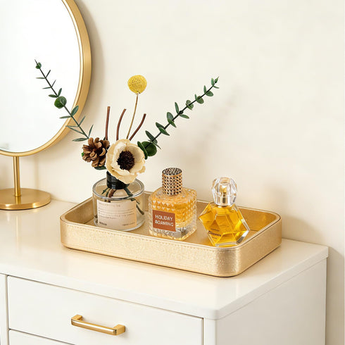 GORESE Gold Perfume Tray, Decorative PU Leather Jewelry Tray for Dresser and Nightstand Organizer, Catch-All Vanity
