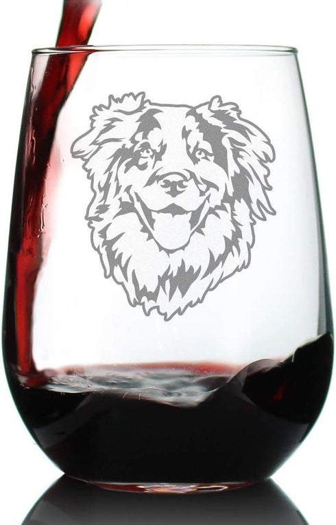 Australian Shepherd Face Stemless Wine Glass, Unique Dog Themed Decor, 17 Ounce Gift for Aussie Lovers