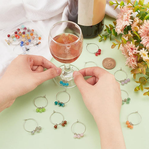 BENECREAT 24 PCS Acrylic Wine Glass Charm, Faux Gemstone Beaded Tassel Wine Glass Markers for Parties