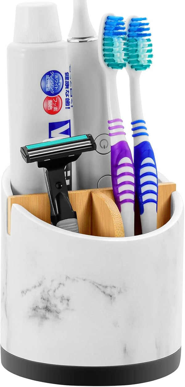 VITVITI Toothbrush Holders for Bathrooms, 3 Slots Marble Look Organizer for Sink/Vanity, White Resin with Bamboo