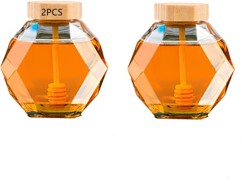 DongAi 2 Pieces of Crystal Shaped Glass Honey Jar, Wooden Lid With Dipper,