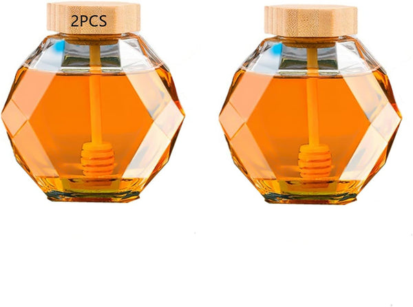 DongAi 2 Pieces of Crystal Shaped Glass Honey Jar, Wooden Lid With Dipper,