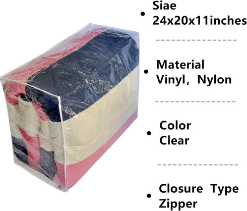 Set of 6 Clear Vinyl Storage Bags with Zipper, 24x20x11 Inch, Space Saver for Blanket, King Size Pillows