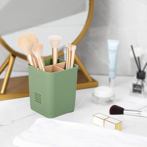 Electric Toothbrush Holder with 3 Slots and Bamboo Dividers, Plastic Organizer for Bathroom Countertop, Green