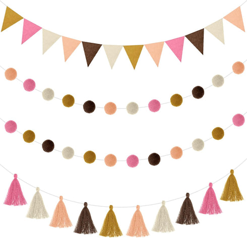 9.8 Feet Pom Pom Garland Set Colorful Felt Fabric for Classroom, 3.6 Feet Pennant Banner for Home Birthday Party (Boho