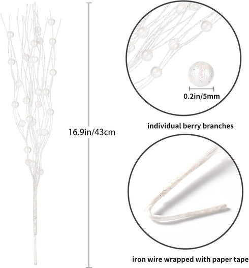 24 Losris Christmas Artificial Glitter Berry Stem Decorations Decorative Bead Sticks Xmas Picks Glittery Twigs Branches
